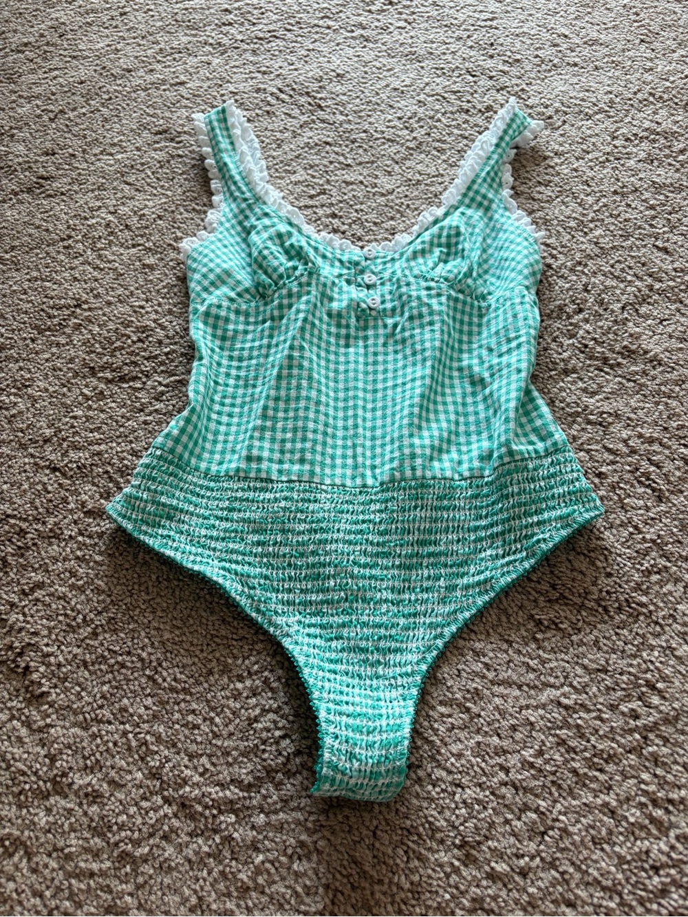 Free People Green Gingham Lace-Trim Bodysuit
